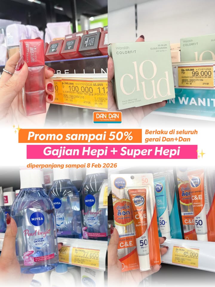 Gajian Hepi Super Hepi diperpanjang sampai 8 Februari Diskonnya sampai 50 untuk produk makeup skincare bodycare favoritm...