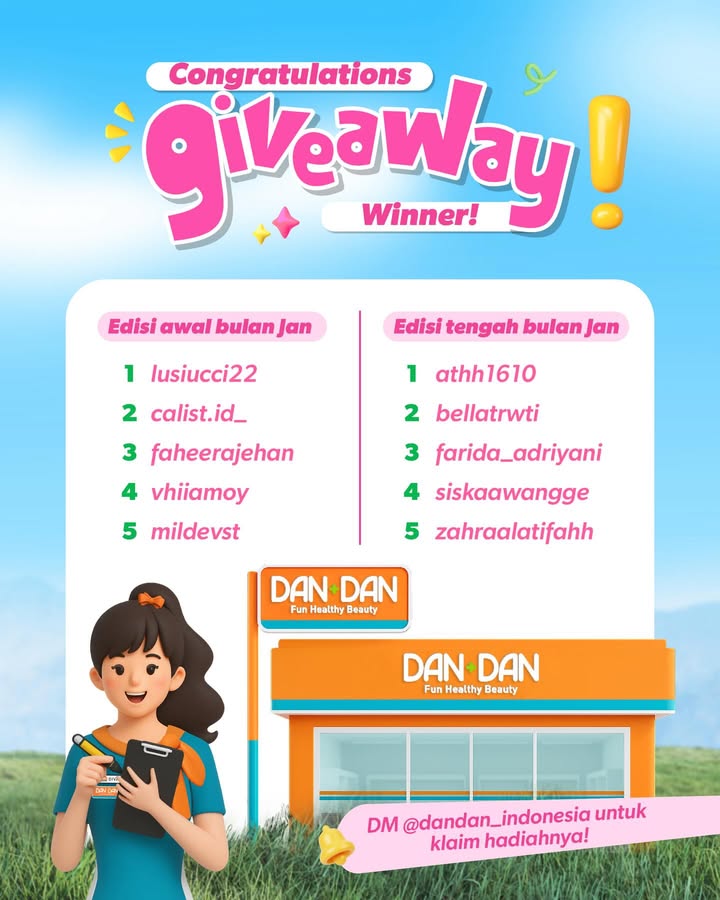 CONGRATULATIONS pemenang Giveaway Dan Dan bulan Januari Jangan lupa DM dandan indonesia untuk klaim hadiahnya yaa...