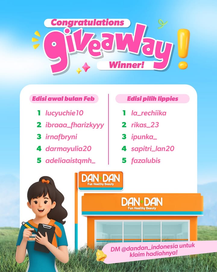 CONGRATULATIONS pemenang Giveaway Dan Dan bulan Februari Jangan lupa DM dandan indonesia untuk klaim hadiahnya ya...
