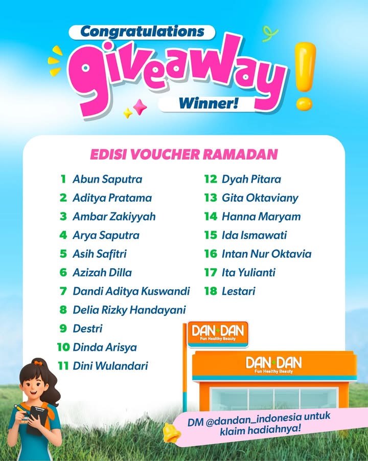 CONGRATULATIONS pemenang Giveaway Dan Dan edisi voucher Ramadan Buat kalian yang belum menang, jangan b...