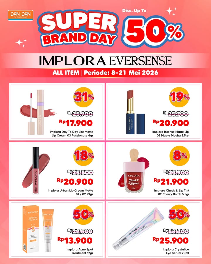 Super Brand Day Diskon sampai 50 buat semua produk imploracosmetics dan eversense id di Dan Dan Harganya start dari 6ri...