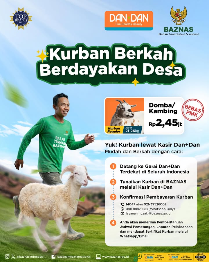 Ibadah kurban kini makin mudah Tunaikan kurbanmu lewat kasir DAN DAN di seluruh Indonesia, bekerja sama dengan baznas...