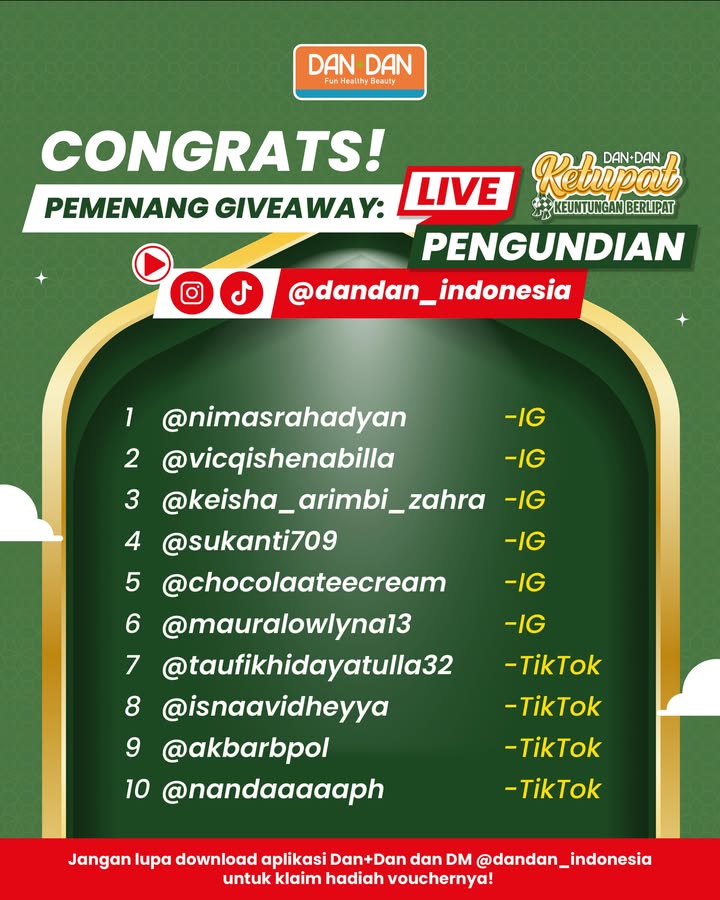 Congrats para pemenang giveaway live pengundian ketupat hari ini Terima kasih sudah nonton dan meramaikan live hari ini...