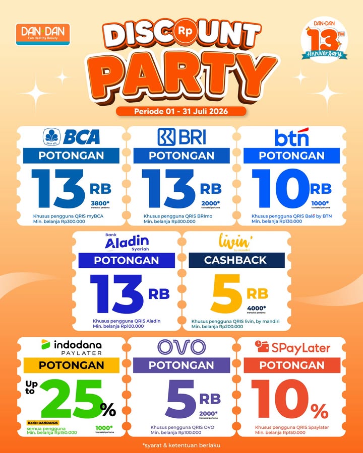 DISCOUNT PARTY ANNIVERSARY DAN DAN Rayakan Anniversary ke 13 Dan Dan dengan promo pembayaran spesial dari berbagai ba...
