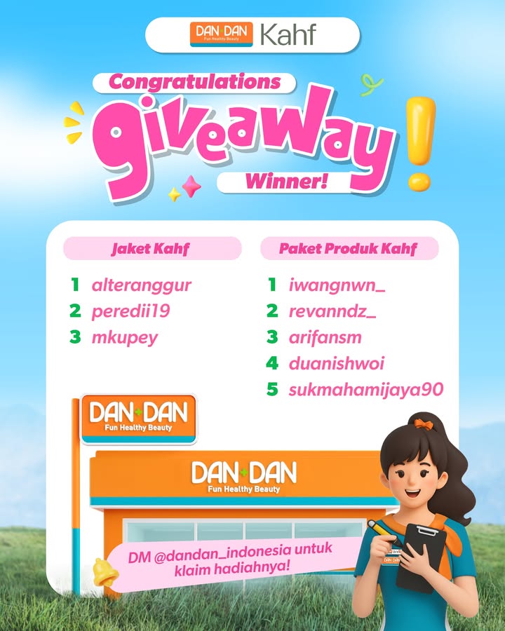 CONGRATULATIONS pemenang Giveaway Dan Dan x Kahf Buat kalian yang belum menang, jangan berkecil hati D...