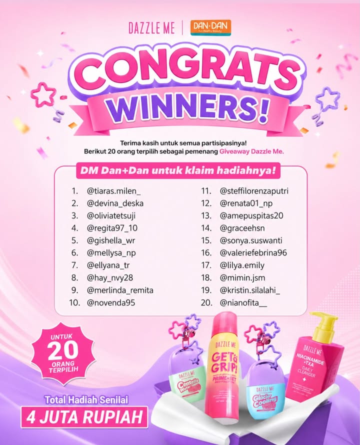 CONGRATULATIONS pemenang Giveaway Dan Dan x Dazzle Me Buat kalian yang belum menang, jangan berkecil ha...