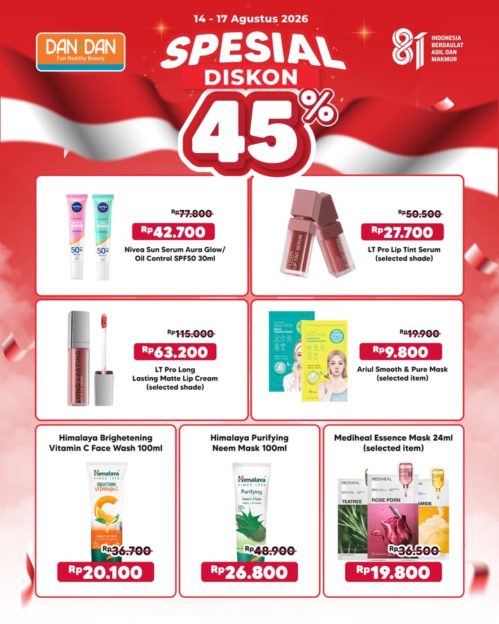 Merdeka belanjanya, makin hemat harganya Rayakan 17 an bareng Dan Dan dengan deretan produk beauty favorit yan...