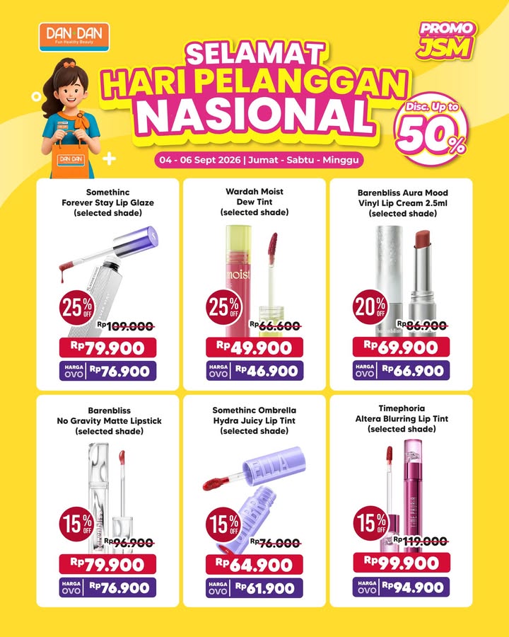 SELAMAT HARI PELANGGAN NASIONAL Spesial buat kamu, pelanggan setia Dan Dan, PROMO JSM diskon hingga 50 Lip cre...