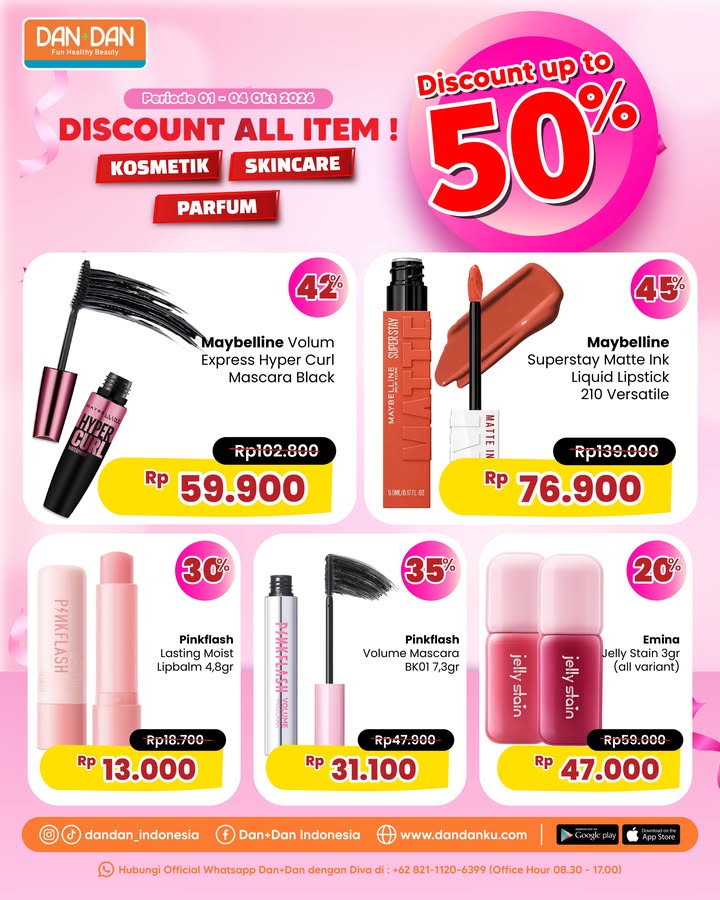 DISCOUNT ALL ITEM hingga 50 OFF Nikmati promonya di seluruh toko Dan Dan khusus produk kosmetik, skin care dan parfum ...