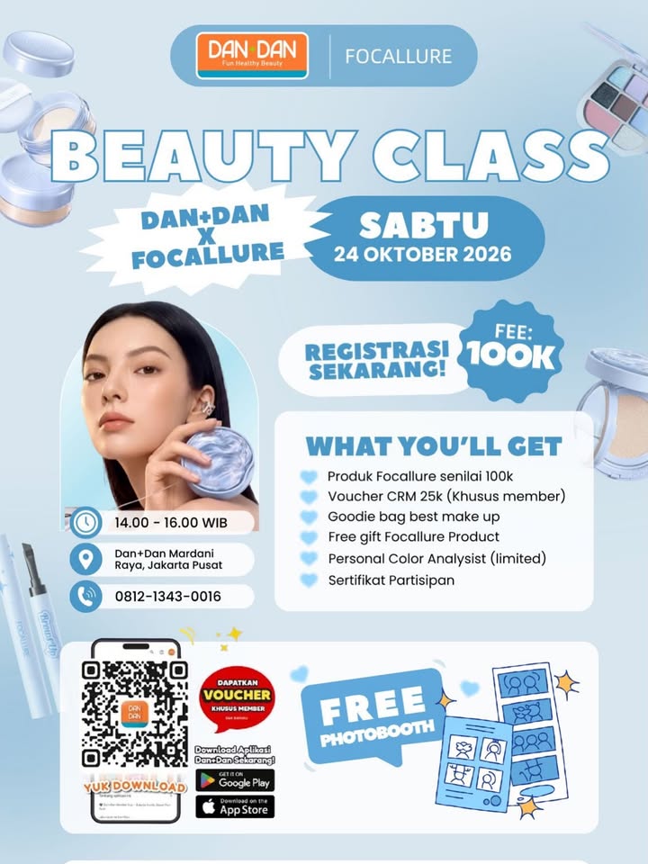  Slot Terbatas Yuk belajar makeup bareng di Beauty Class Dan Dan x Focallure Sabtu, 24 Oktober 2026 14
