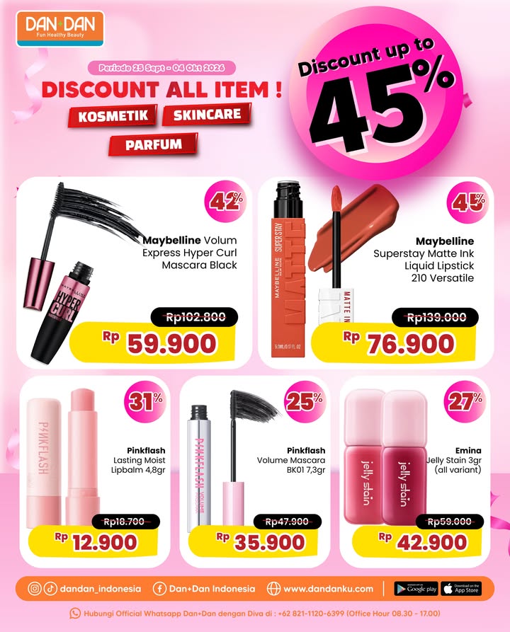 DISCOUNT ALL ITEM hingga 45 OFF Nikmati promonya di seluruh toko Dan Dan khusus produk kosmetik, skin care dan parfum ...