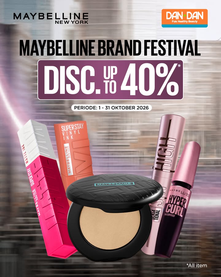 Diskon up to 40 untuk semua item Maybelline favoritmu di Dan Dan Mulai dari Super Stay Matte Ink, Vinyl Ink, bedak, ...