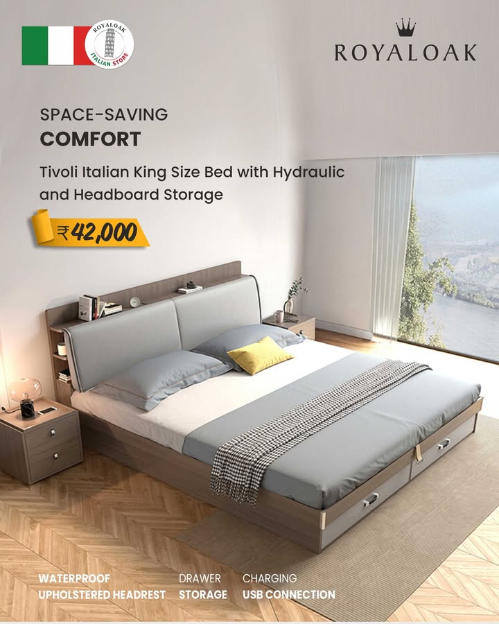 Level up your space with the ultimate Italian trio a king size bed with smart storage USB , a luxe smoked glass ...