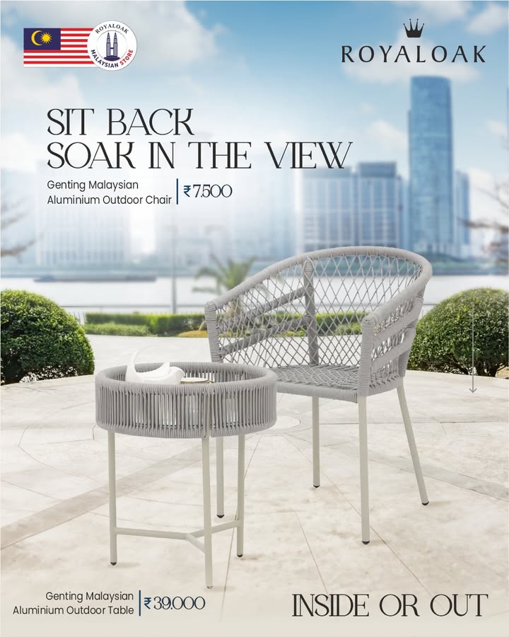 Balcony chill or garden vibes The Royaloak Genting Malaysian Outdoor Set table chair rust proof, rope woven, gla...