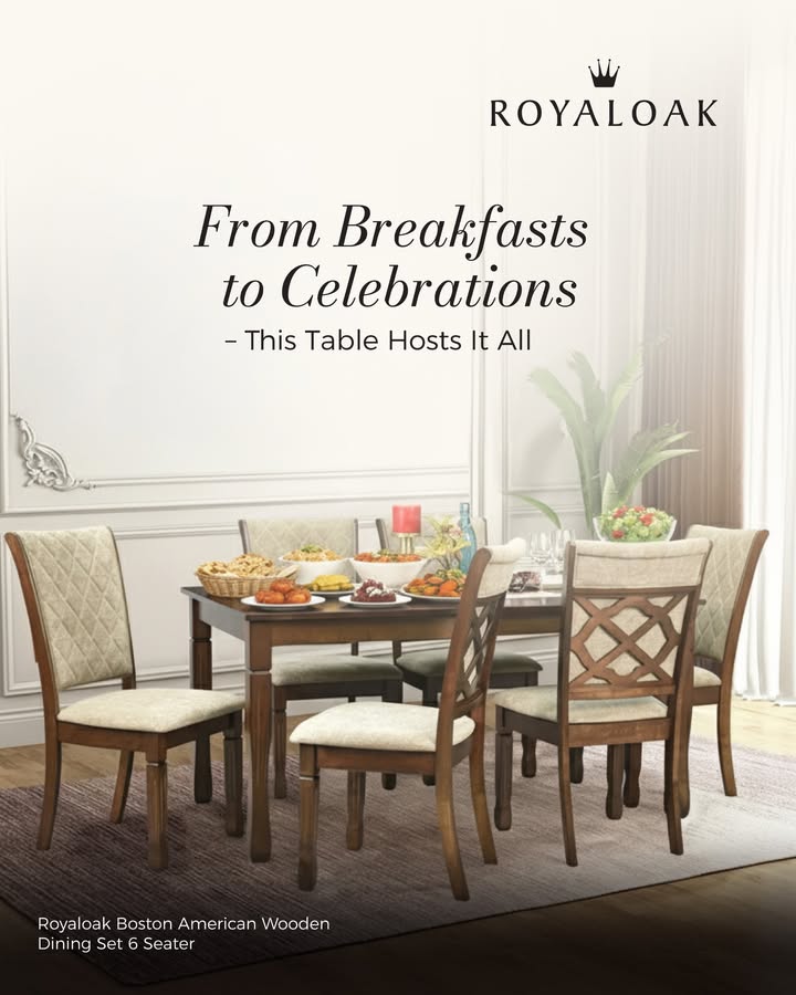 Dine in style with the Royaloak Boston 6 Seater Dining Set Solid wood, cushioned comfort that iconic American charm Comment down for Product Link Royaloak Furniture, Wooden dining set, 6 seater dining table set, Solid w...  Dine in style with the Royaloak Boston 6 Seater Dining Set Solid wood, cushioned comfort that iconic American cha...