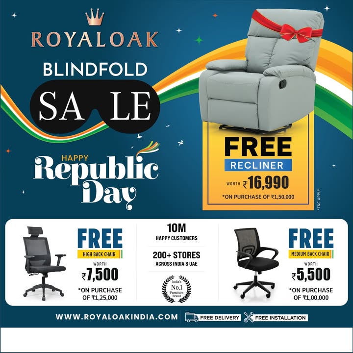 Blindfold Sale is LIVE This Republic Day, shop smart unlock FREE gifts at Royaloak FREE Recliner on...