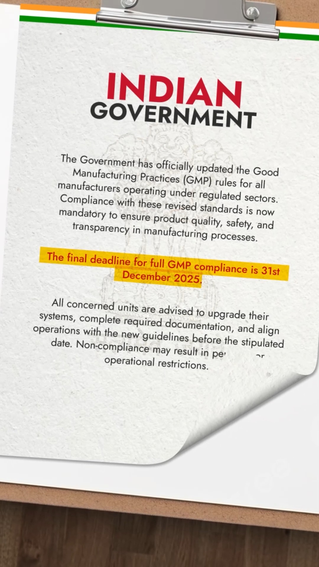 31 Dec 2025 GMP deadline is closer than it looks. Pharma factory upgrades need time, planning funds