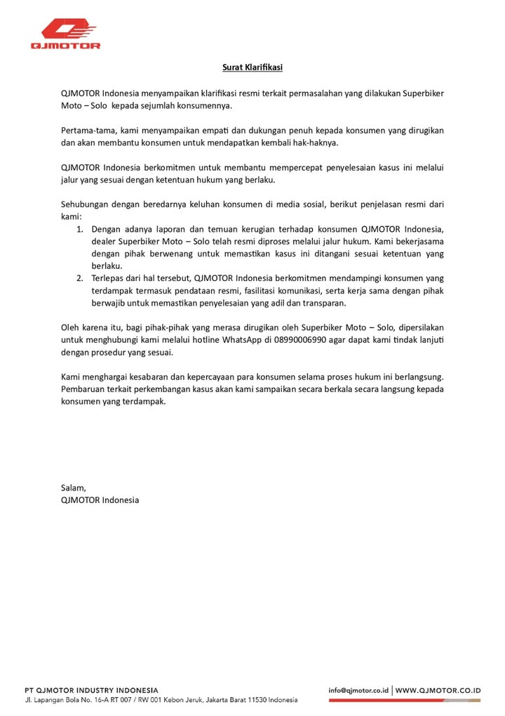 Untuk meluruskan informasi yang beredar, berikut pernyataan resmi dari QJMOTOR Indonesia