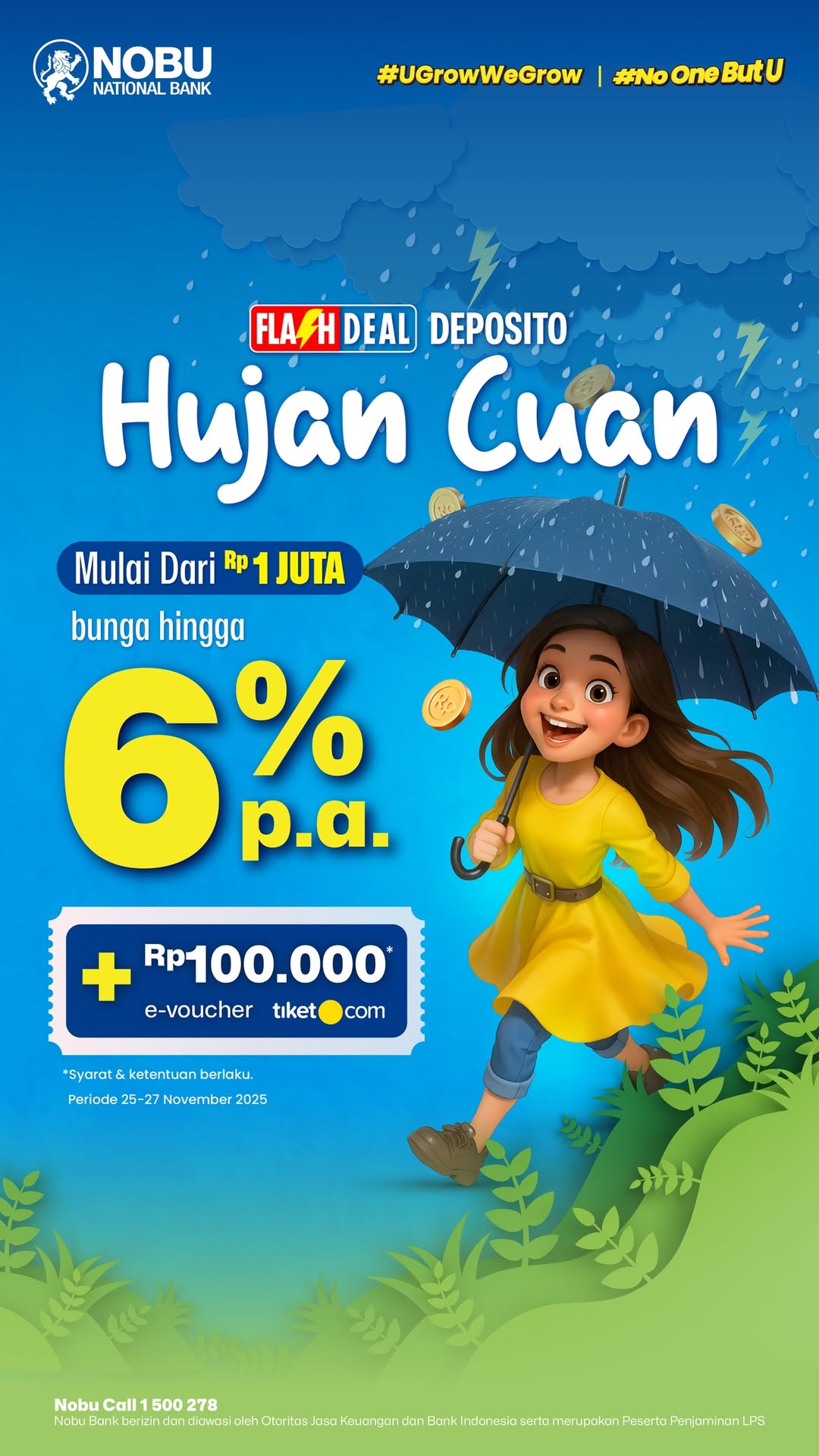 Hujan air udah biasa, yang ga biasa ya hujan cuan dong Cuma di Flash Deal Deposito Hujan Cuan, kalian bisa dapat bunga...