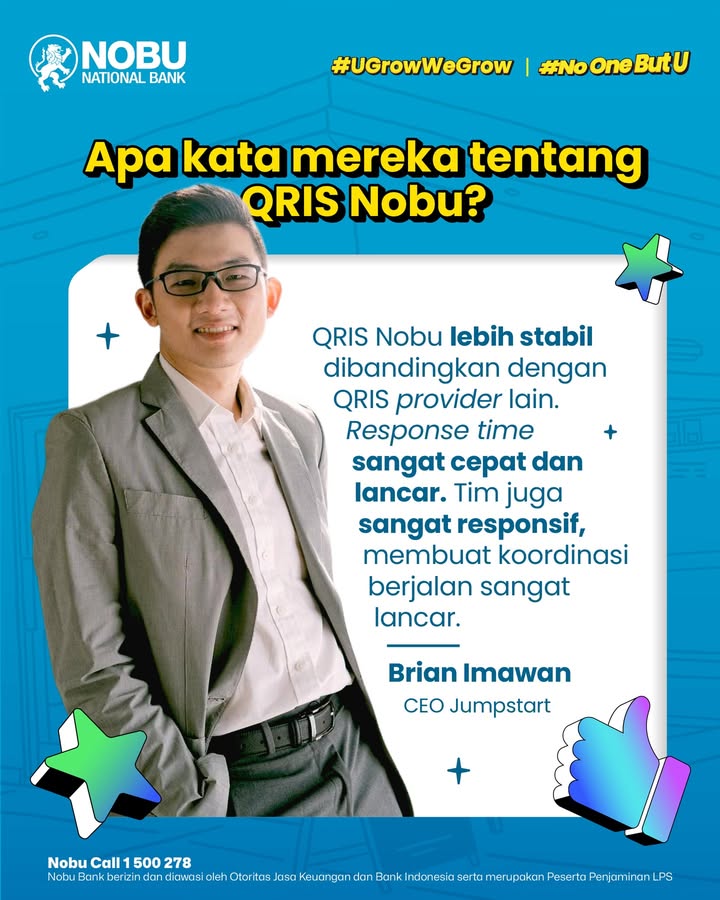 CEO Jumpstart aja pilih QRIS Nobu, masa kamu enggak Biar bisa ikutan ngerasain pengalaman sistem pembayaran yang lebi...