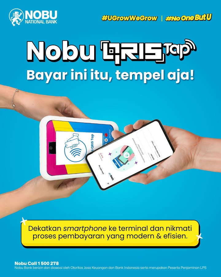 Mau cobain pembayaran yang simpel Pakai Nobu QRIS Tap aja Tinggal tempelin smartphone ke mesin pembayaran, terus bere...