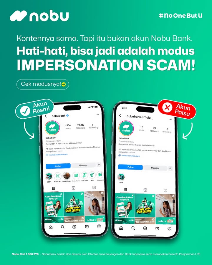 Akunnya mirip, kontennya sama persis, tapi nomor WhatsApp nya bukan milik Nobu Bank. Ini modus scam impersonation