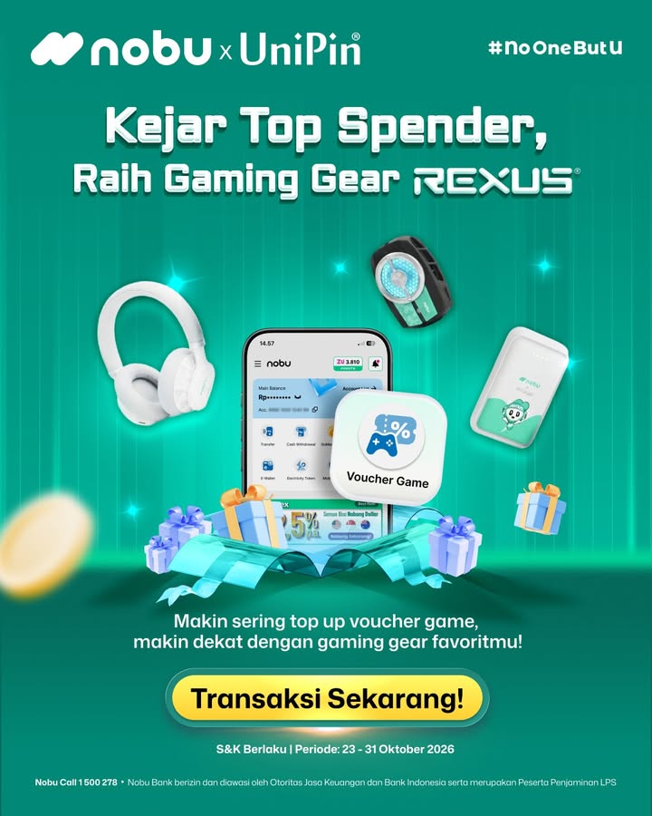  KEJAR TOP SPENDER, RAIH GAMING GEAR REXUS Makin sering top up voucher game by UniPin di Nobu Go, makin besar kesempata...