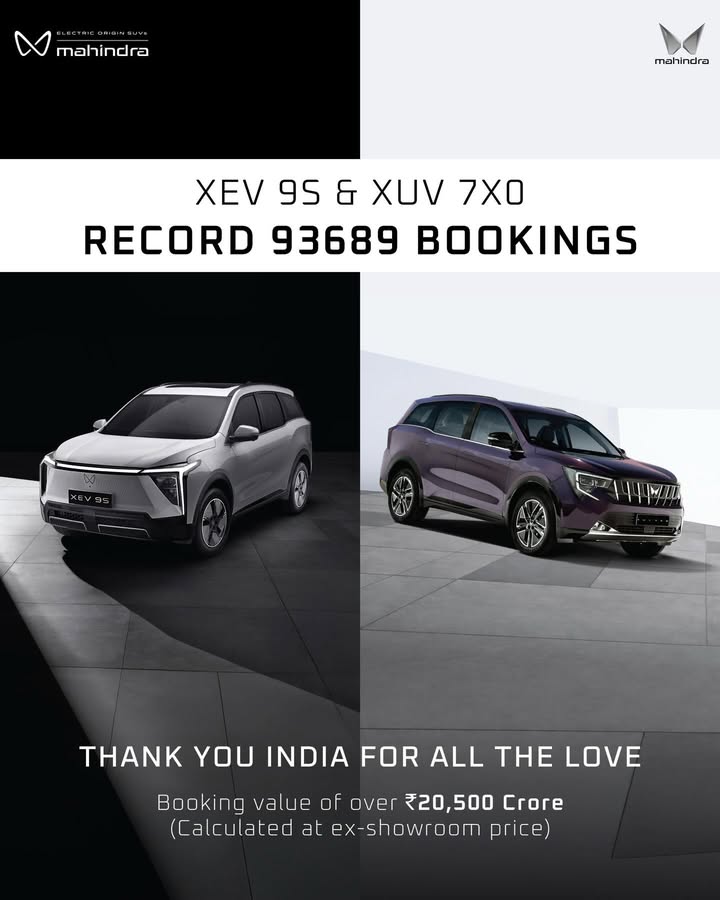 Two icons. One mind blowing milestone. The Mahindra XEV 9S and the XUV 7XO record 93689 bookings