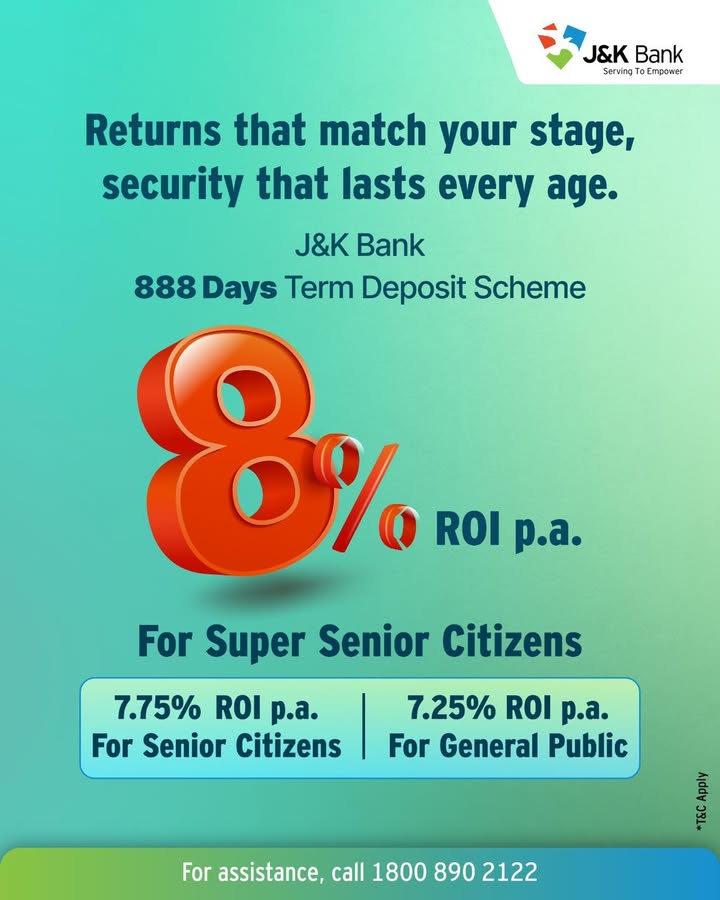Invest in J K Banks Maha Dhan Samridhi Term Deposit with a tenure of 888 days. Earn up to 8.00 p.a