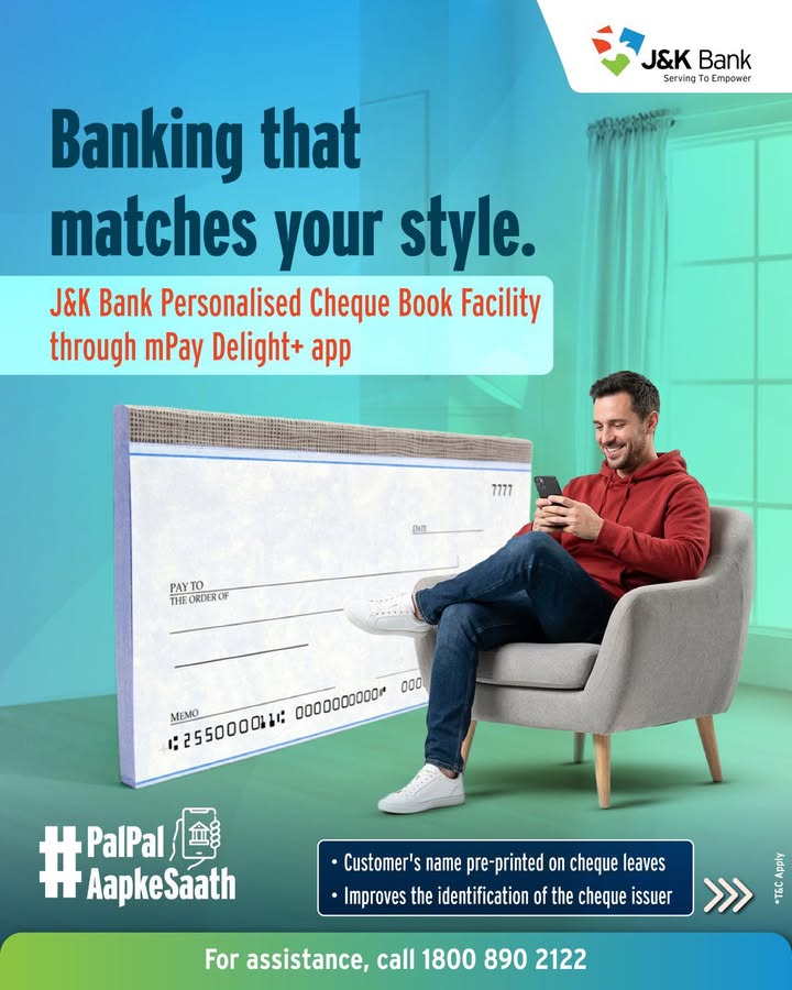 Add a personal touch to your banking with the J K Bank Personalised Cheque Book Facility through the mPay Delight app