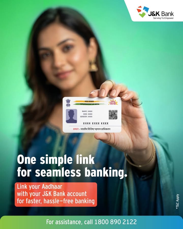 Keep your banking services seamless by linking your Aadhaar with your J K Bank account