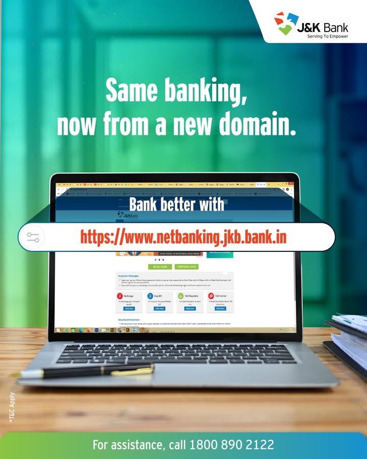 We got a new address. J K Bank internet banking has moved to a new domain https www.netbanking.jkb.bank