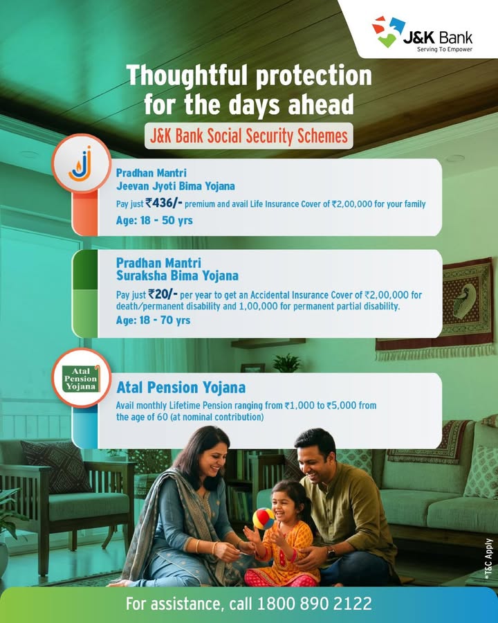 J K Bank offers government backed social security schemes that provide financial protection at affordable costs, helping you...