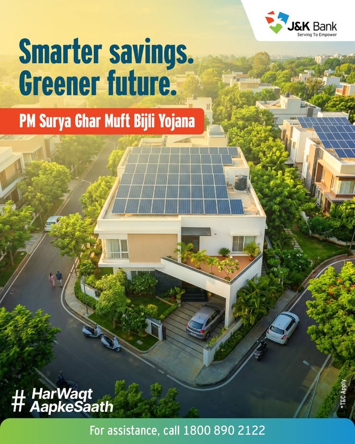 J K Bank offers the PM Surya Ghar scheme, enabling households to adopt rooftop solar solutions and reduce electricity costs ...