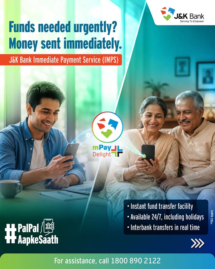 Transfer funds anytime, anywhere with IMPS. Fast, secure and convenient banking is always within reach with J K Bank
