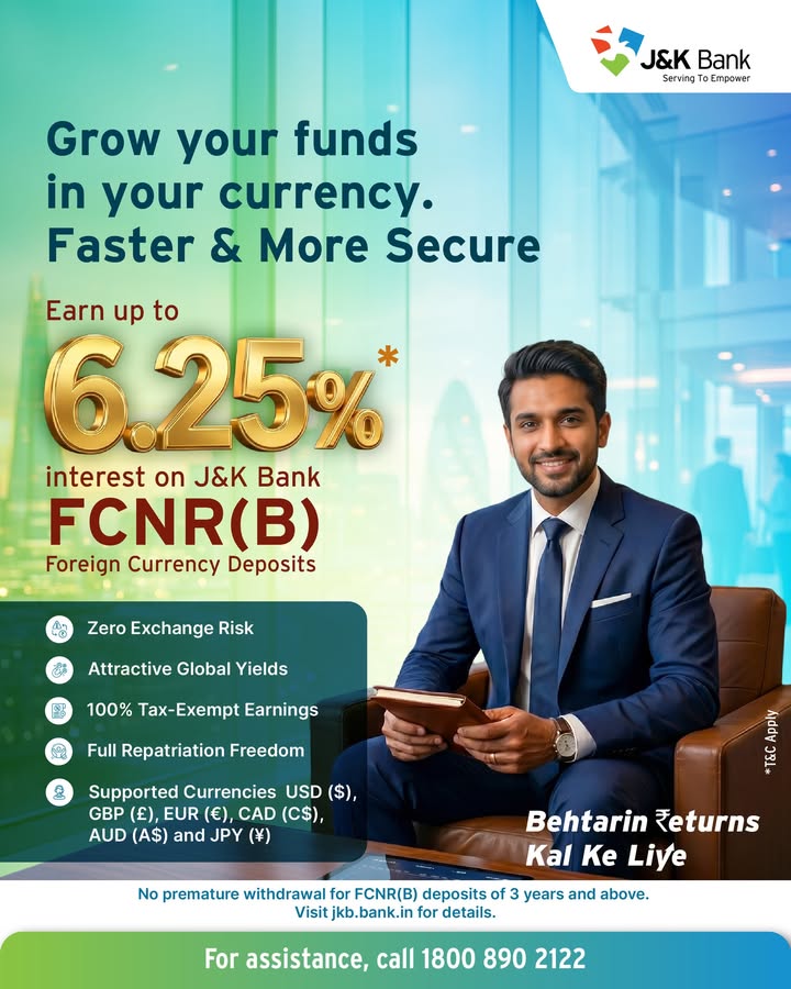 Grow your foreign currency savings with confidence through J K Bank FCNR B Deposits. Earn up to 6