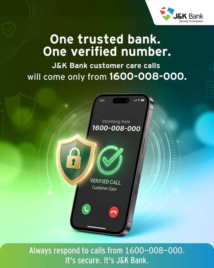 Your trust matters to us, and to make customer interactions more secure and transparent, all J K Bank Customer Care calls wi...