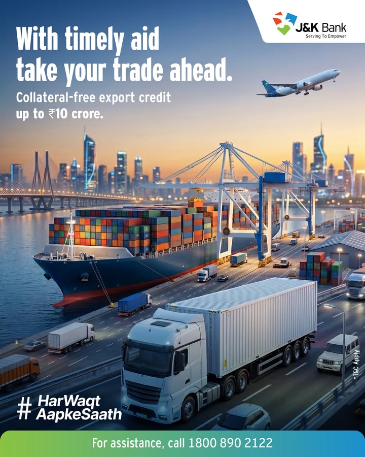 J K Bank in collaboration with ECGC is providing Collateral Free Export Credit Up to Rs