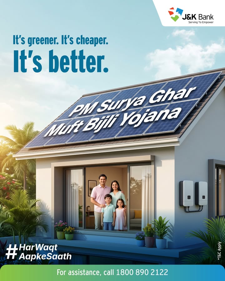 Switch to clean energy and save big Avail easy financing under the PM Surya Ghar Muft Bijli Yojana through J K Bank