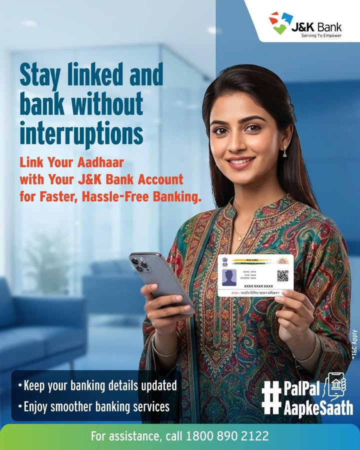 Complete your Aadhaar linkage with your J K Bank account to enjoy uninterrupted banking services and seamless access to gove...
