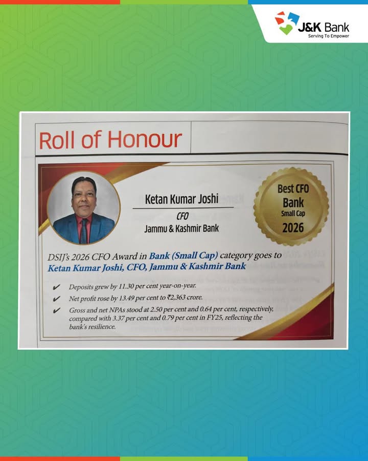 J K Bank CFO Ketan Kumar Joshi wins DSIJs 2026 CFO Award J K Bank Chief Financial Officer CFO Ketan Kumar Joshi has been ...