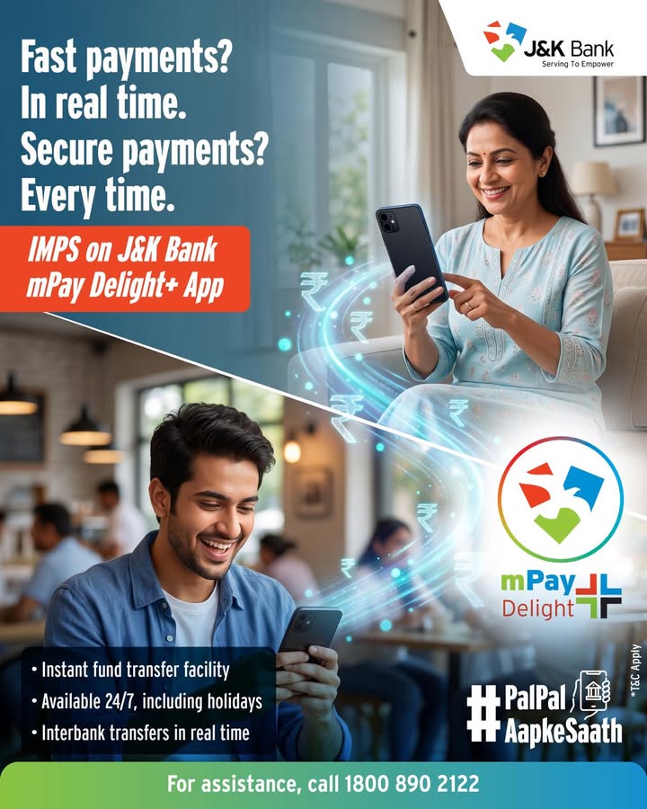 Transfer money instantly using IMPS through the J K Bank mPay Delight App