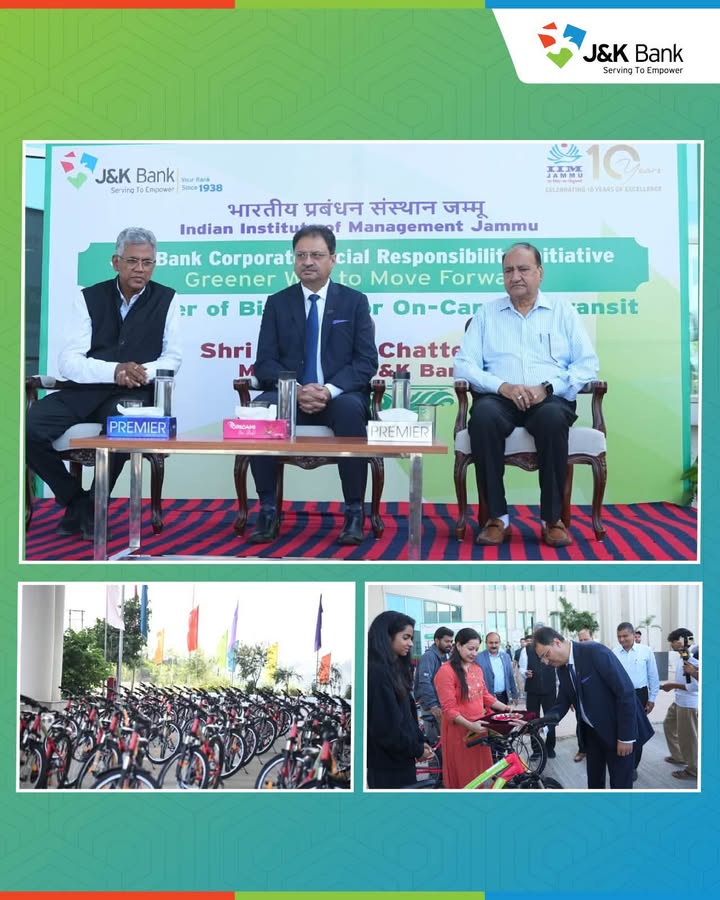 J K Bank drives green mobility initiative at IIM Jammu under CSR MD CEO Amitava Chatterjee flags off 71 bicycles, calls i...