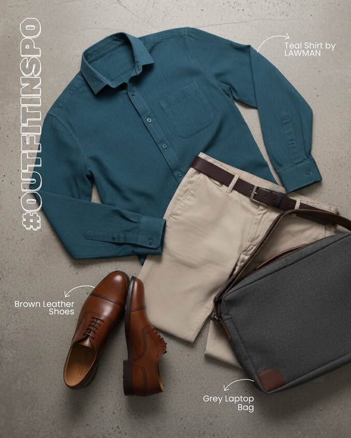 Level up your basics teal shirt on top, tan trousers below, confidence everywhere. OutfitInspo