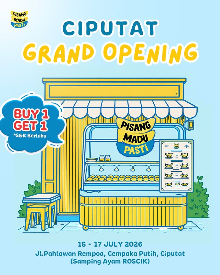 Kabar manis buat warga Ciputat Pisang Madu Pasti resmi hadir di Ciputat Yuk datang ke Grand Opening kami dan nikmati...