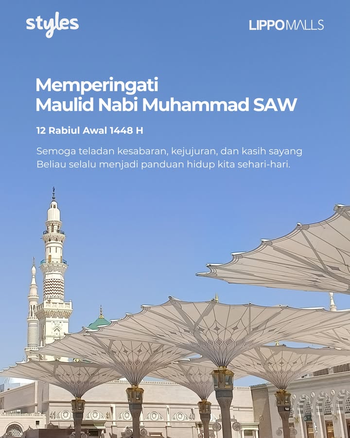 Selamat memperingati Maulid Nabi Muhammad SAW 12 Rabiul Awal 1448 H Semoga teladan kesabaran, kejujuran, dan kasih sayang...