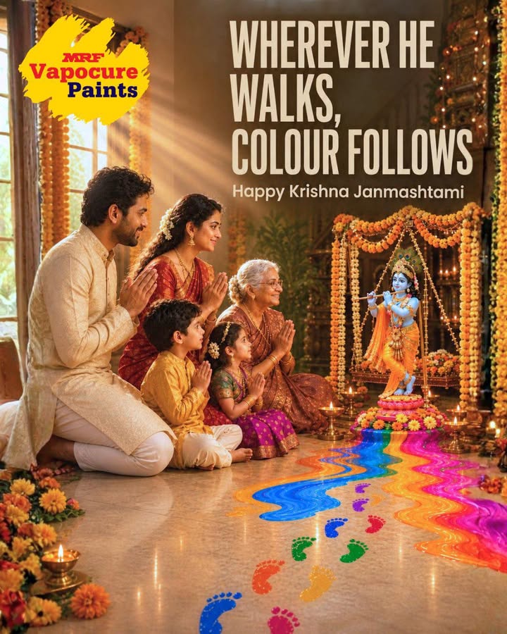 Where Krishna walks, joy follows, and every step leaves a little more colour behind This Krishna Janmashtami, may y...