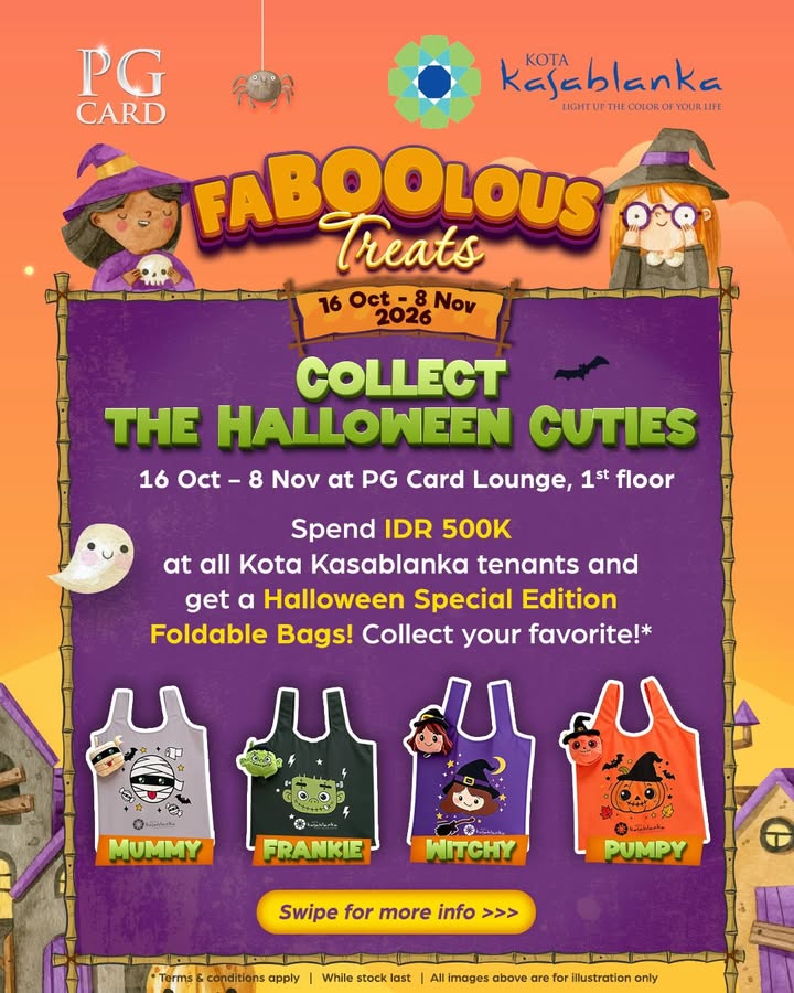 Koleksi tas belanja lipat eksklusif bertema Halloween dan saksikan kemeriahan parade di Kota Kasablanka ...