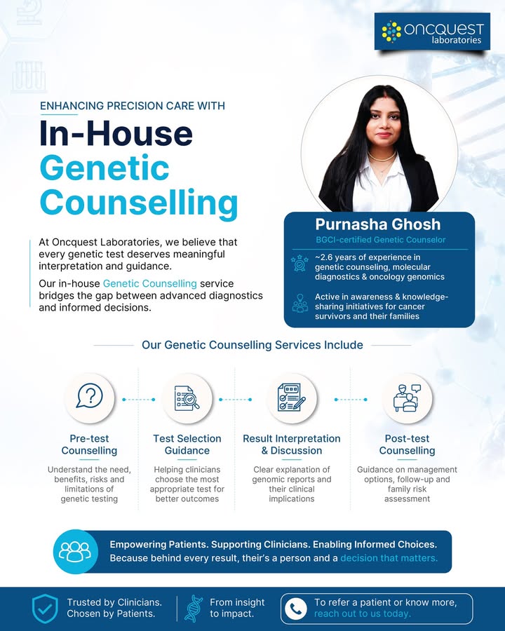 Enhancing Precision Care with In House Genetic Counselling At Oncquest Laboratories, we continue to strengthen our commitme...