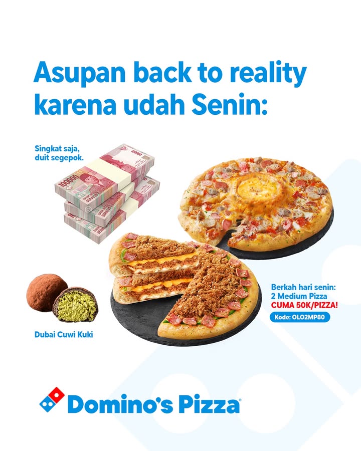 Semangat, kerja minggu ini cuma 3 hari kok Biar makin semangat, asupan pizza juga harus kenceng dong PAPI DUO cuma 50k...